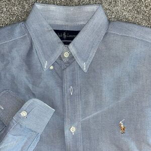 Men’s worn Polo by Ralph Lauren starched Chambray LS work dress shirt 16 x 34 L